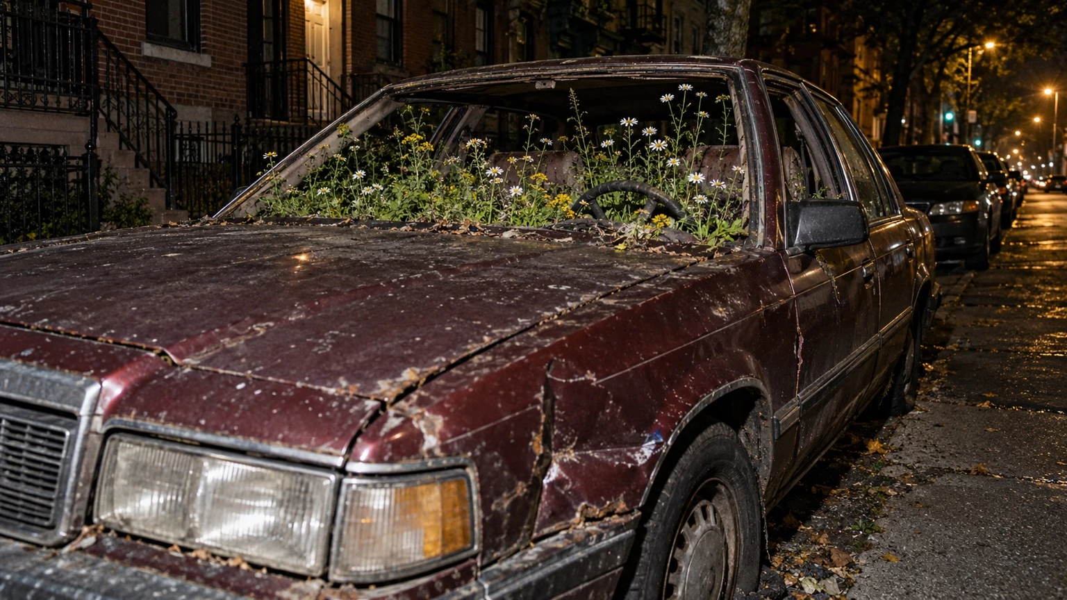 Wildflowers fill a burgundy car on a Brooklyn street at night